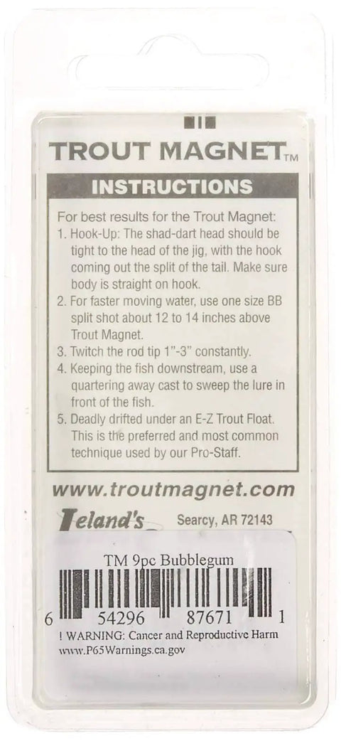 Back view of Bubble Gum Trout Magnet Lure With 1/64 Oz Shad Dart Head And Split Tail Grub For Horizontal Fall packaging instructions