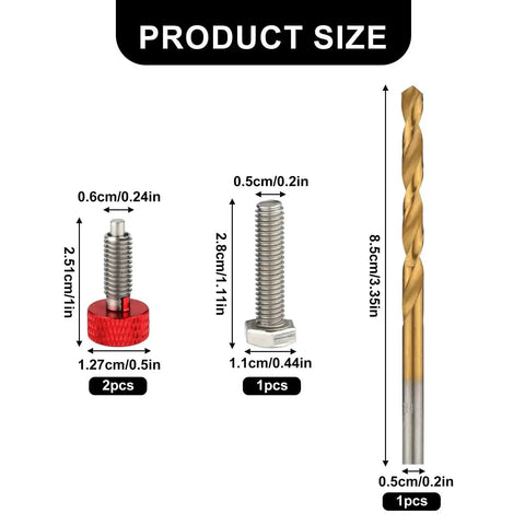 Product size chart of Handle Release Pins Kit With 2 Stainless Steel M6 Quick Release Pins Retractable Spring Plunger Bolt And Drill Bit For Toolbox Removal Red Heavy Duty Durable Easy Pin Access.
