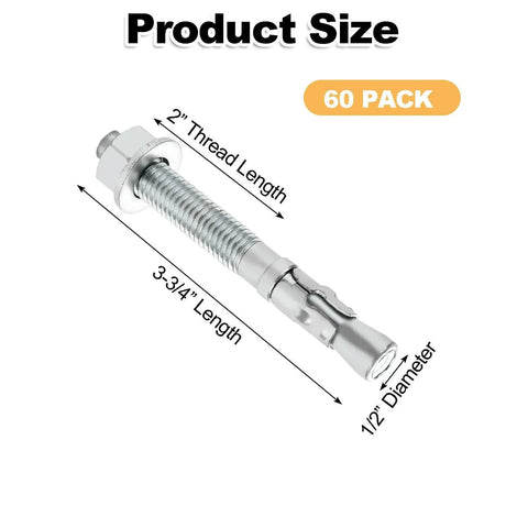 60 Piece One Half Inch By Three And Three Quarters Inch Wedge Anchors For Concrete Heavy Duty Expansion Anchors With Nuts And Washers