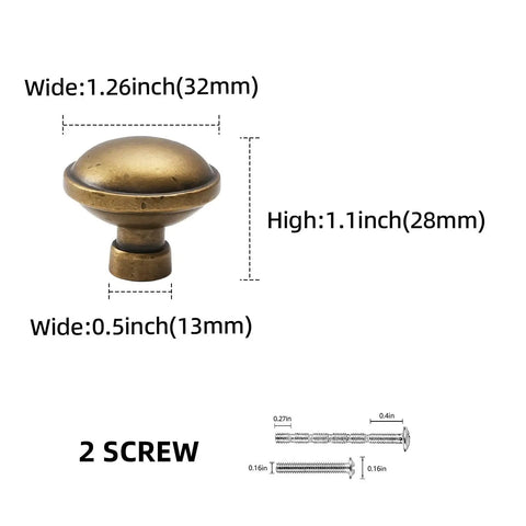 Dimensions and side view of 10 Pack Antique Brass Cabinet Knobs For Kitchen Cabinets Drawers And Furniture Hardware Durable Zinc Alloy Heavy Duty Knobs