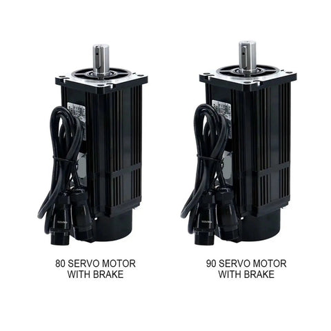 Two black servo motors with brakes (80 and 90 models) and attached cables, shafts facing upward.