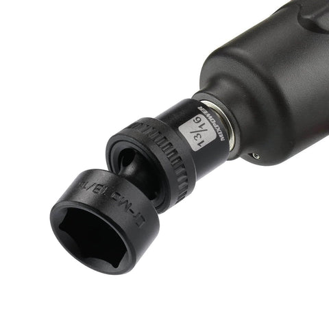Close-up of Shallow Impact Universal Joint Swivel Socket Set Three Eighths Inch Drive SAE Fractional Range From Five Sixteenths To One Inch Twelve Piece Chrome Molybdenum Steel With Flexible Wobble Heads Rugged Pro Grade Build.