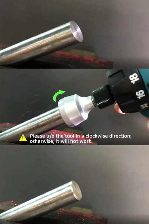 Deburring External Chamfer Tool With Tungsten Blade in use on metal rod, fits 1/8 to 3/4 inch, deburs stainless rods smoothly.