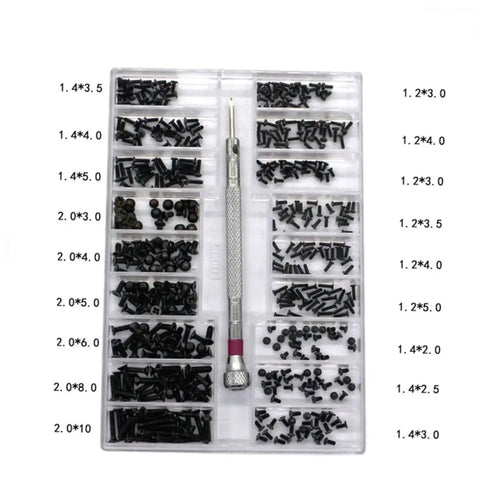 Miniature Screw Set With 18 Sizes, Flat Head Screws, Clear Storage Case for DIYers and Assembly Pros, shown with screwdriver