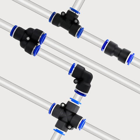Push-to-connect pneumatic fittings set with aluminum tubes and blue collars; straight and elbow connectors