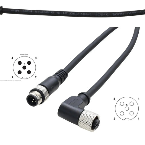 M12 5 Pin Right Angle Power And Data Cable A Coded with gold contacts for industrial actuators, 2m length, 60V AC/DC, side view.