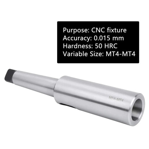 Side view of MT4-to-MT4 taper drill sleeve adapter; silver metal body with hollow bore for lathe/milling use