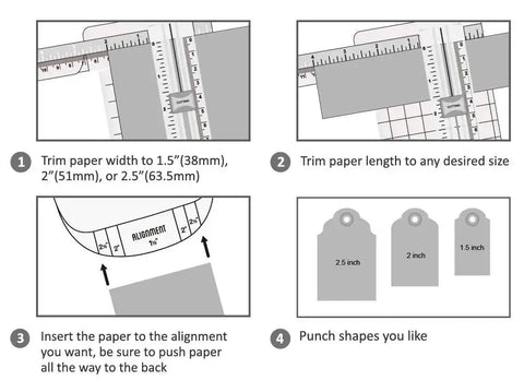 Instructions for using Round Tag Punch Set With Lever Action showing paper alignment and punching process for scrapbooking and DIY tags.