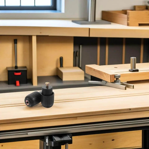 Two Pack Knob Clamping Jig With Spring Mechanism for Computer Chair Swivel Base Tray on woodworking table.