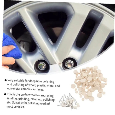 Close-up of car wheel being polished with 120 Pcs Wool Polishing Wheels Set With Arbor Shaft for rotary tools.