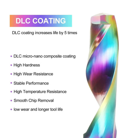 Close-up of DLC-coated single flute CNC router bit for aluminum cutting, one eighth inch shank, solid carbide spiral end mill.