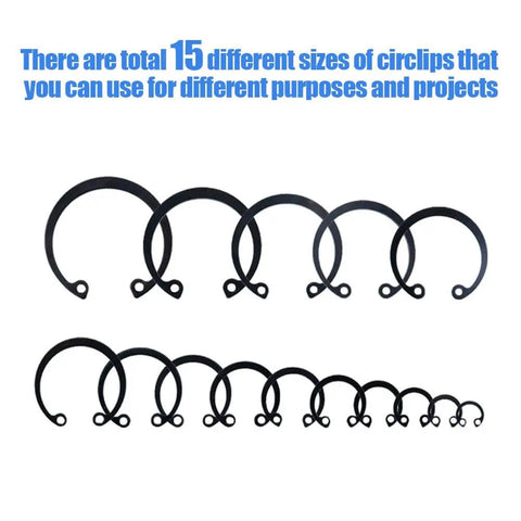 Ultra Tough Internal Circlips Snap Ring Assortment Kit, 300 Pcs, 15 Metric Sizes, Black Alloy Steel, Heat Treated