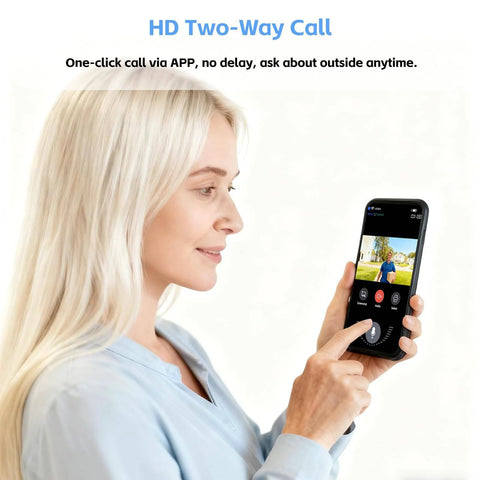 Person using phone with Wireless Video Doorbell Camera With Battery Power For Front Door, Color Night Vision for chat.