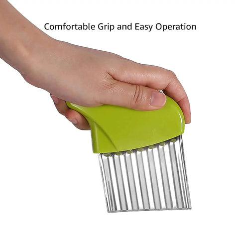 Hand holding green crinkle cutter with stainless steel waffle blade, part of Crinkle Cutter Set With Stainless Steel Waffle Blade Two Pack Veggie Cutter For Potatoes Carrots Lettuce And Butter Cool For Fancy Garnishes And Baby Led Weaning Green And Blue.