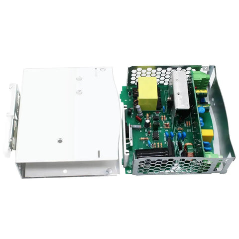 Beefy 24V DC Power Supply Dual Output 120W For DIN Rail Mount internal view showing circuit components and enclosure parts, blue industrial casing