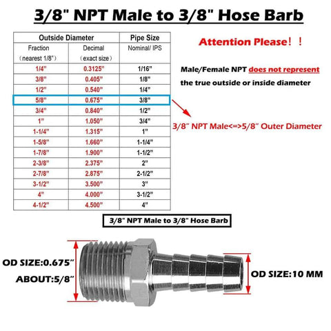 Diagram and close-up of Beduan Stainless Steel Three Eighths Hose Barb To Three Eighths Npt Male Home Brew Fittings Pack Of 2 For Water Fuel And Air 304 Stainless High Pressure Up To 2800 Psi Ideal For Home Brewing And Industrial Fluid Applications.