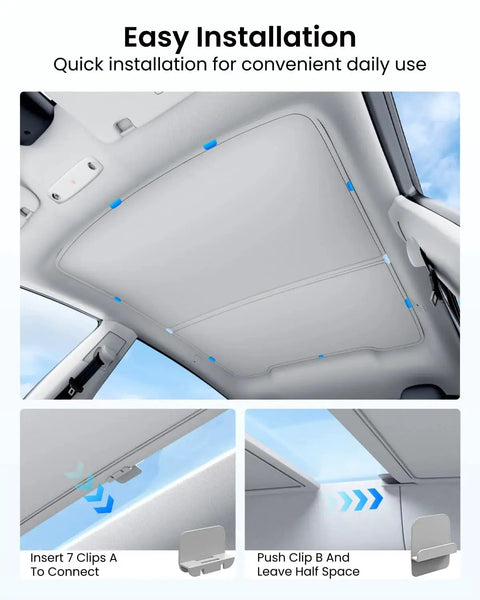 Installation view of Model Y Juniper Glass Roof Sunshade Kit, Heat Insulation, Foldable 2 Pack Gray in car interior
