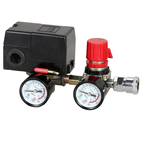 Secbolt air regulator manifold with dual gauges, red knob, brass fittings.