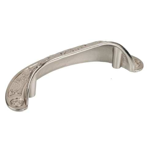 Baroque Scroll Work Brushed Nickel Cup Pull For Cabinets And Drawers, 2-1/2 Inch Centers, 4 Inch Wide, 1-1/8 Inch Projection