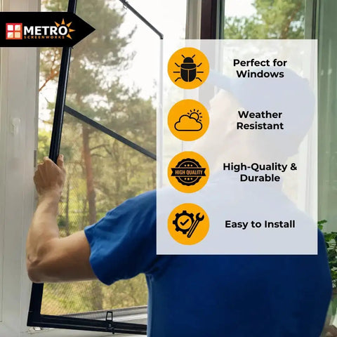Man installing window screen using Round Screen Spline One Eighth Inch Black Vinyl Roll For Windows And Sliding Doors Long Roll Of 1500 Feet