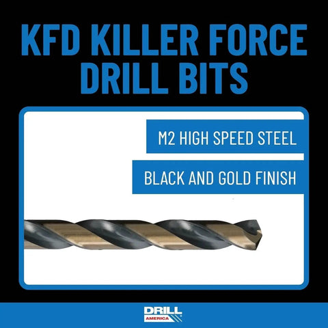 Three Piece HSS KFD Drill Bit Sample Pack One Eighth To One Quarter Inch Split Point For Self Centering Drilling In Stainless Steel And Other Hard Metals With Black Gold Finish And Round Shank Drill America shown with black and gold finish.