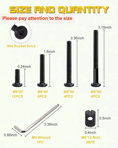 Size chart of All-In-One M6 Bolts And Barrel Nuts Hardware Replacement Kit For Bed Frames And Furniture, including bolts and wrench.