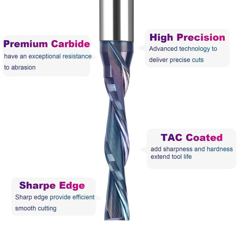 Close-up view of Downcut Spiral Router Bit With 1 Quarter Inch Shank And 3 Sixteenth Inch Cutting Diameter For Wood Projects DIY TAC Coated CNC End Mill showing TAC coating and sharp edges.