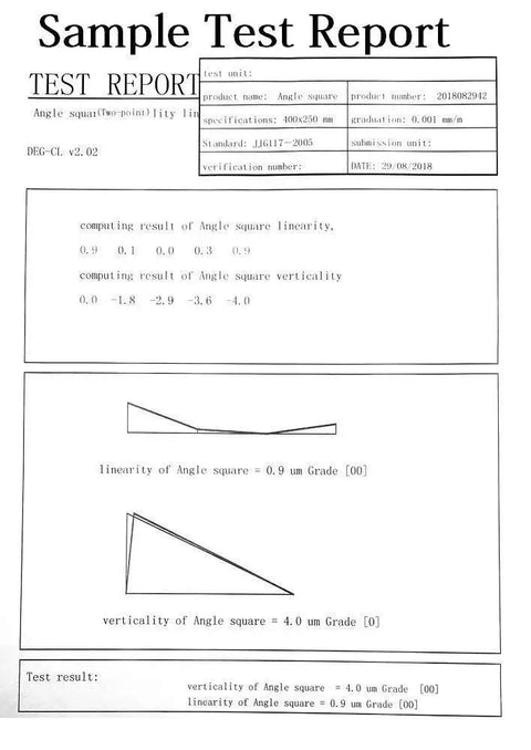 Sample test report detailing the linearity and verticality accuracy of an angle square, featuring graphs and measurement data.