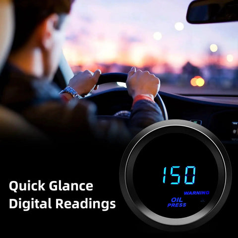 Driver using Oil Pressure Gauge Kit 52mm 2 Inch With Sender For 12V Cars And Trucks Digital Blue LED Display in a car