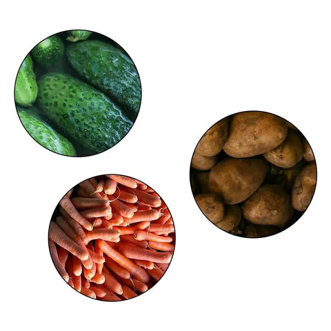 Cucumbers, potatoes, and carrots arranged, ideal for use with Crinkle Cutter For Potatoes And Veggies, Wave Fry Cutter For French Fries, Cucumber And Carrot Slices, Fruit Prep Tool For Home Kitchen, Premium Stainless Steel, Non Slip Rubber Handle, Durable And Easy To Use.