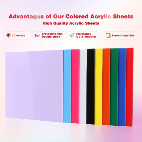 Colorful Cast Acrylic Sheets Set For Laser Cutting And DIY Crafts 12 By 12 Inch 3 Mm Thick 10 Pack With Protective Paper Opaque Colored Panels