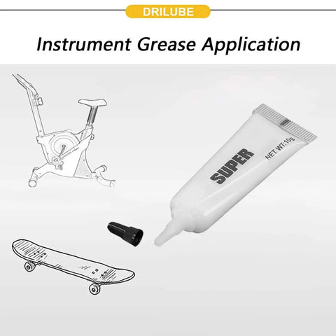 Tube of high temp 3D printer gear grease beside drawings of a stationary bike and skateboard, labeled 'Instrument Grease Application'