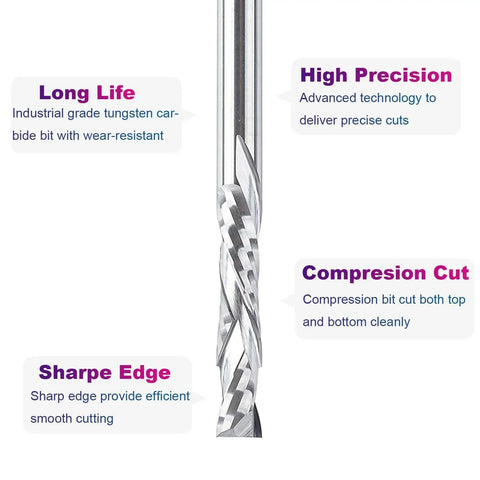 Close-up of an Up And Down Carbide Router Bit Set For CNC Milling 5 Pcs 1/8 Inch Shank with precision cutting and compression technology.