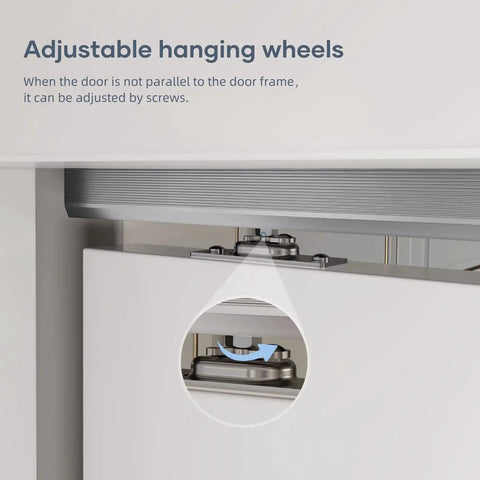 Close-up of adjustable wheels on Six Foot Commercial Grade Sliding Pocket Door Hardware Track Kit, aluminum build.