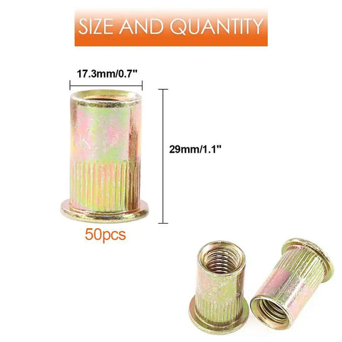 50 Pack 1/2 Inch 13UNC Zinc Plated Carbon Steel Rivet Nuts Flat Head Insert Nutsert Assortment Kit For Auto Body, DIY Projects, And Heavy Duty Repairs, showing size and quantity details