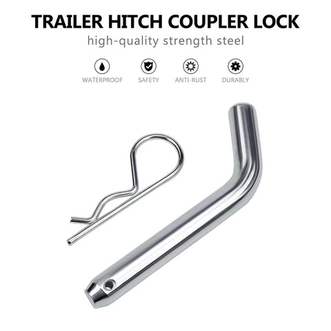 Heavy Duty Trailer Hitch Pin And Clip With Grooved Head, Five Eighths Inch Diameter, Angled One Hundred Five Degrees, Fits Two Inch And Two And A Half Inch Receiver Hitches, Rock Solid Latch For Easy Installation, shown beside clip.