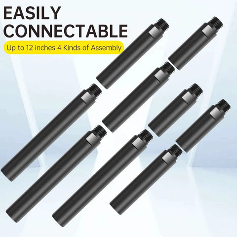 Angle Grinder Attachments Kit With 3 Extension Rods Three Inch Four Inch And Five Point Five Inch Plus Four Nut Sets And Two Spanner Wrenches Five Eighth Inch Eleven Thread Fits DeWalt Milwaukee Makita Bosch Grinders, showing eight extension rods in various sizes.