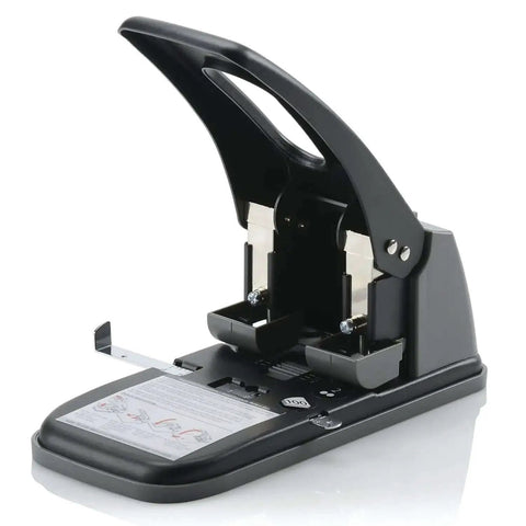Heavy Duty Two Hole Punch With High Capacity For 100 Sheets Built Tough Metal Construction Wide Handle For Easy Storage Lock In Closed Position Black Finish Ideal For Busy Offices