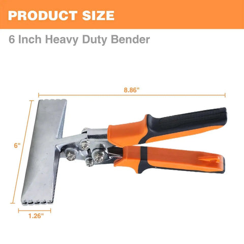 Pro-Grade 6 Inch Sheet Metal Hand Seamer With Ergonomic Grip, Straight Jaw Pliers, dimensions and heavy-duty features shown