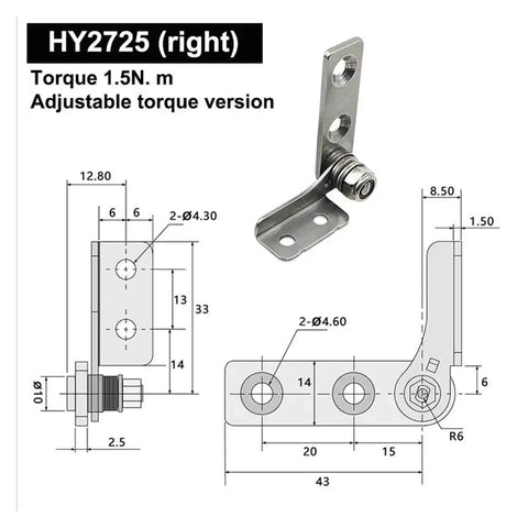 Technical diagram of 304 Stainless Steel Adjustable Torque Hinge For Equipment Positioning Industrial Pivot Heavy Duty Furniture Hinge 0.4 To 2.5 Torque Range Pro Grade DIY Woodworking A14, showing dimensions and torque range.