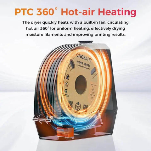 3D Printer Filament Dryer Box With 360 Degree Heating, Upgraded PTC Hot Air System, translucent view showing warm air circulation.