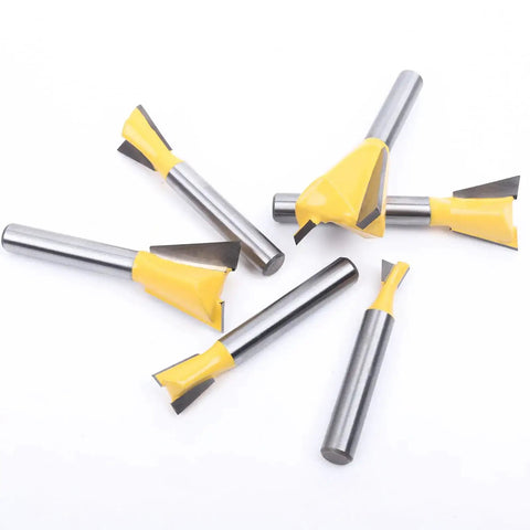 Six Size Dovetail Router Bit Set With 1/4 Inch Shank For Boxes Drawers And Chests Includes 1/4 3/8 1/2 5/8 3/4 And 7/8 Inch Cutting Diameters