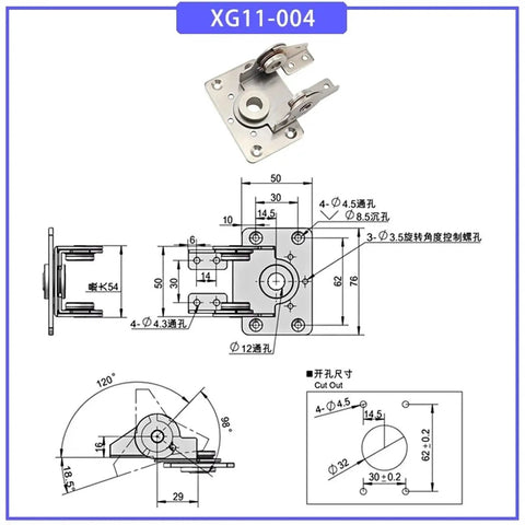 Stainless Steel Dual Axis Torque Hinge With 360 Degree Rotation, Adjustable Damping, And Reciprocating Torque technical diagram
