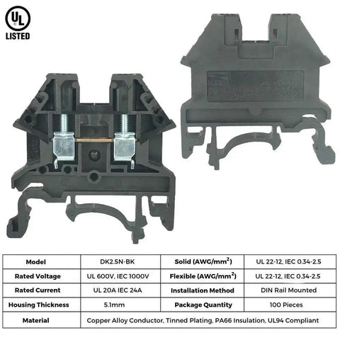 Front and side view of DK2.5N-BK DIN Rail Terminal Block Screw Type UL Listed 600V 20A 12-22AWG Pack Of 100