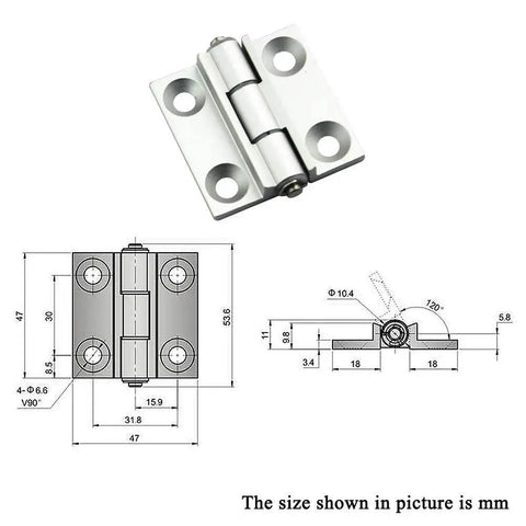 Close-up of white aluminum alloy SAIYEN torque-position hinge, 2 pcs, 1.85 in.