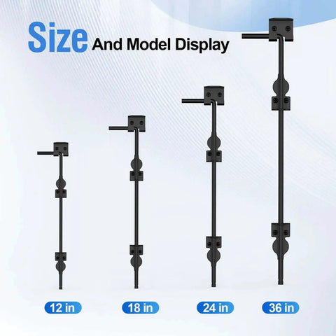 Size display of 12 to 36 inch cane bolt heavy duty gate drop rod latches for wood, metal, vinyl fences, black coating.