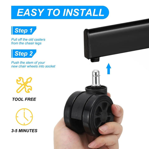 Installation guide for 3 Inch Office Chair Wheel Replacement 5 Pack With 7/16 Inch By 7/8 Inch Universal Stem, hand showing easy steps