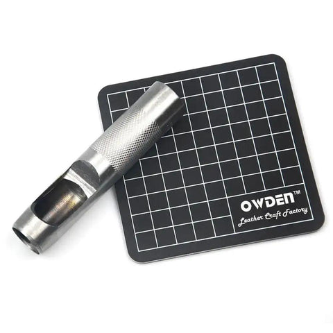 12 Piece Leather Hole Punch Set With Free Cutting Mat showing high carbon steel punch tool and protective mat for soft materials.