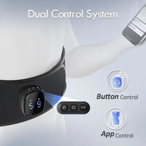 Cordless Heating Pad With Massager For Lower Back Pain Relief, showing dual control system with both button and app control options.