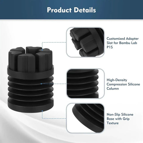 4 Pack Game Changing Anti Vibration Feet For X1 X1C P1P And P1S Printers, high-density silicone shock absorber with adapter slot details.